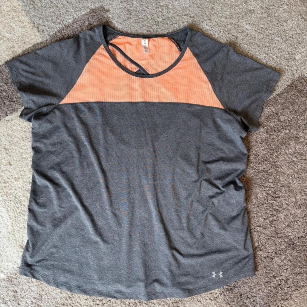 Under Armour HeatGear Womens XL Gray Orange Mesh Open Back Workout Top 1290893